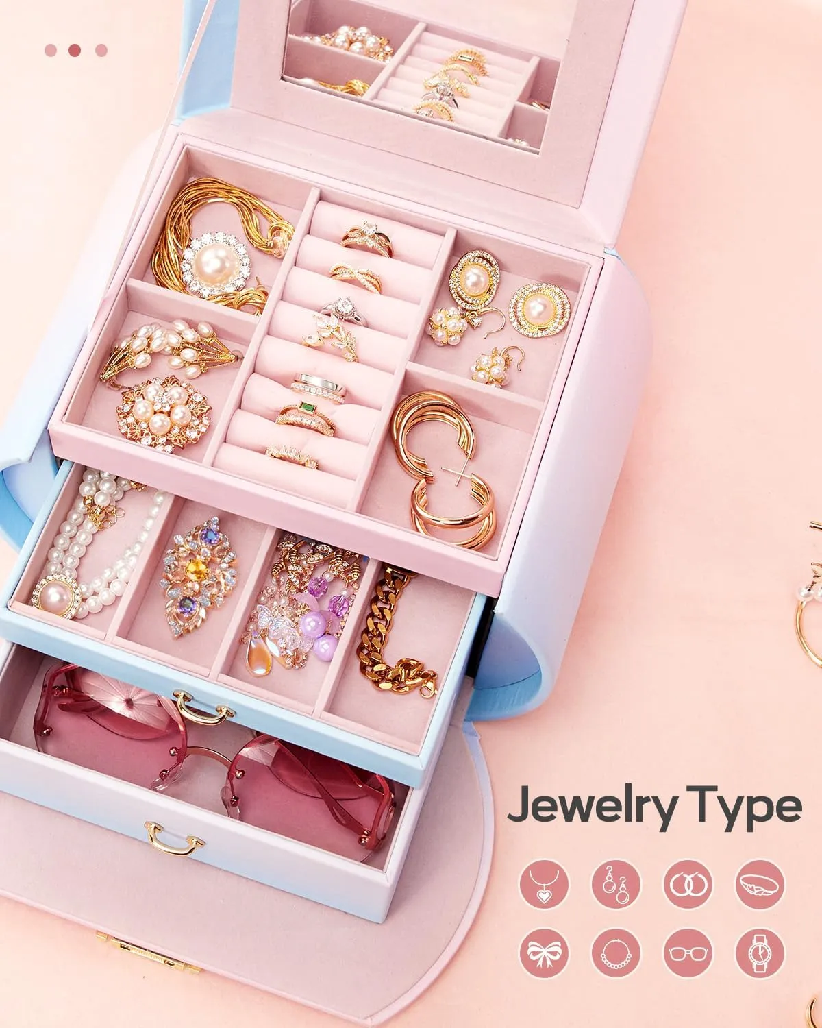 Homde Girls Jewelry Box Jewelry Storage Case Organizer with Mirror for Rings, Earrings, Bracelets, Necklaces (Blue - Pink Gradient   Gold)