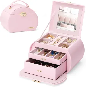 Homde Girls Jewelry Box Jewelry Storage Case Organizer with Mirror for Rings, Earrings, Bracelets, Necklaces (Light Pink   Gold)