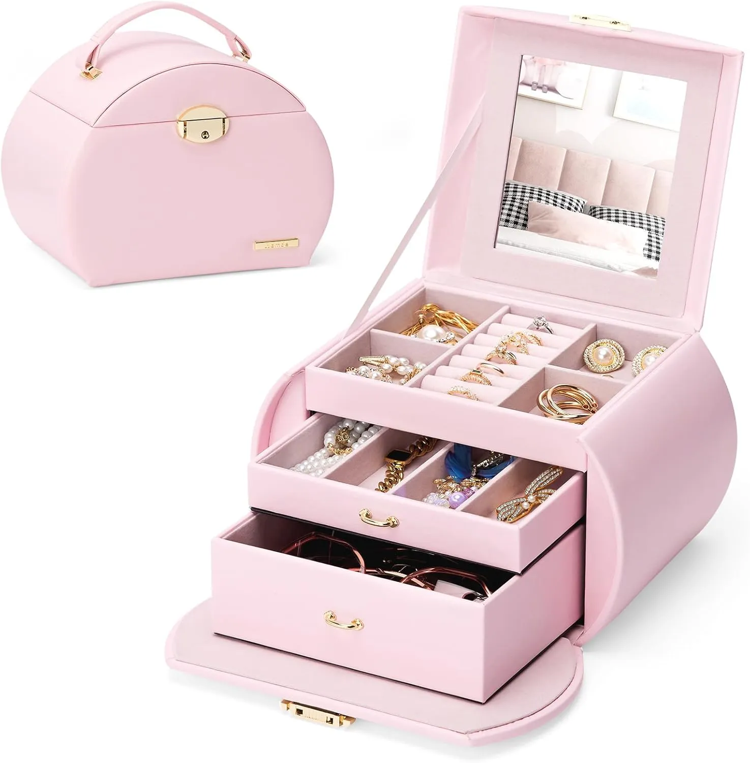 Homde Girls Jewelry Box Jewelry Storage Case Organizer with Mirror for Rings, Earrings, Bracelets, Necklaces (Light Pink   Gold)