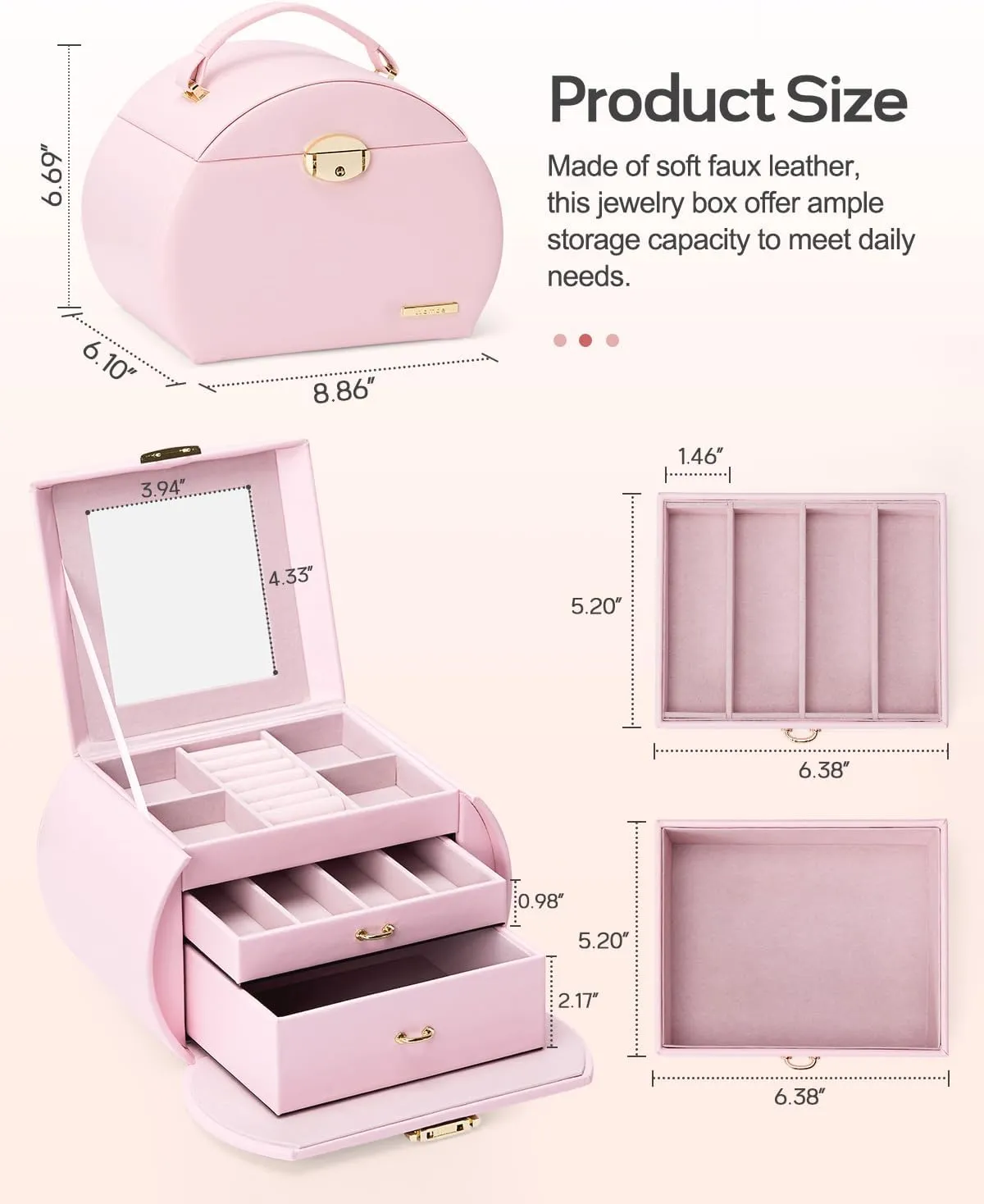 Homde Girls Jewelry Box Jewelry Storage Case Organizer with Mirror for Rings, Earrings, Bracelets, Necklaces (Light Pink   Gold)