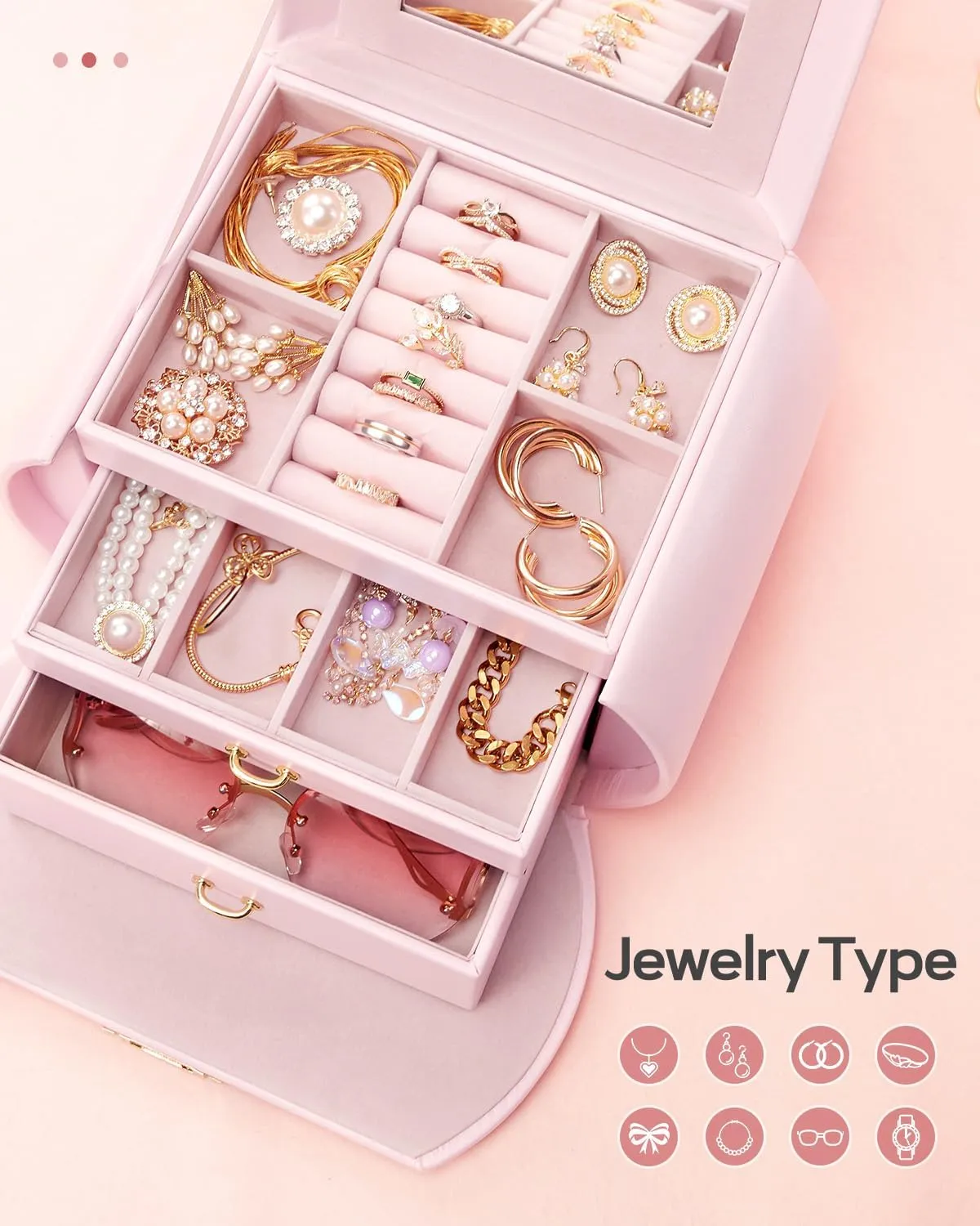 Homde Girls Jewelry Box Jewelry Storage Case Organizer with Mirror for Rings, Earrings, Bracelets, Necklaces (Light Pink   Gold)