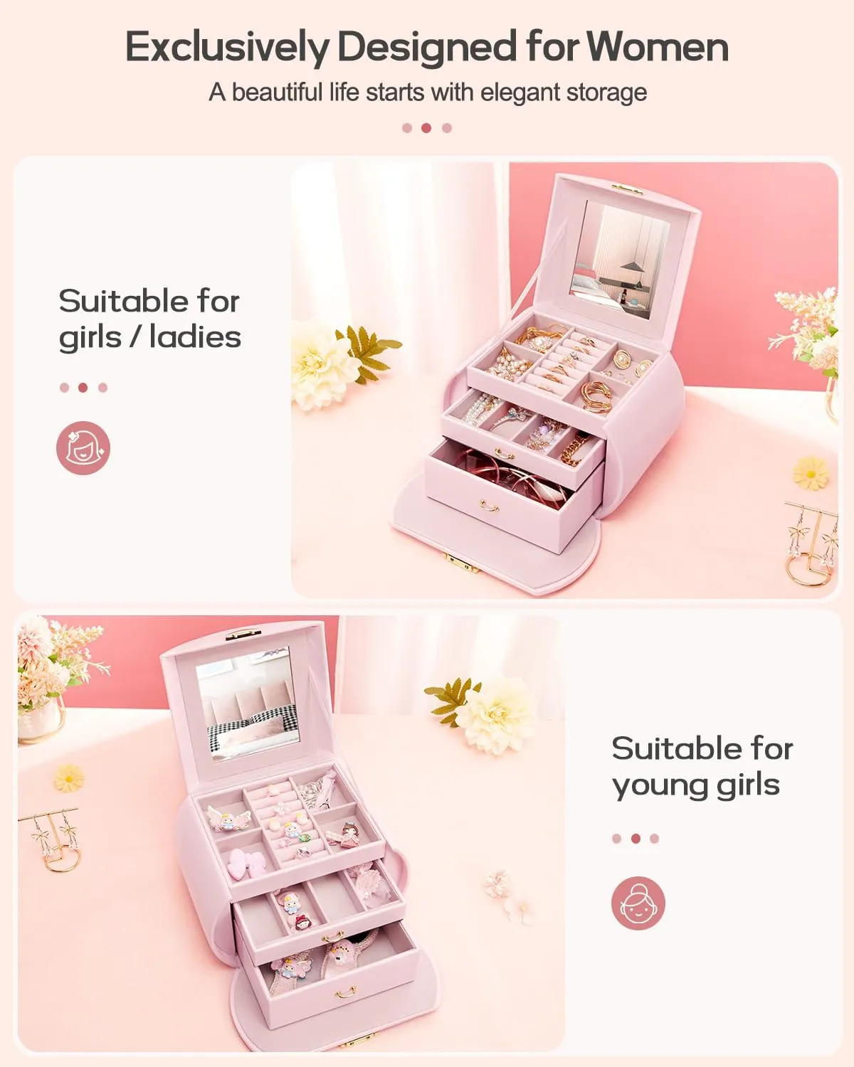 Homde Girls Jewelry Box Jewelry Storage Case Organizer with Mirror for Rings, Earrings, Bracelets, Necklaces (Light Pink   Gold)