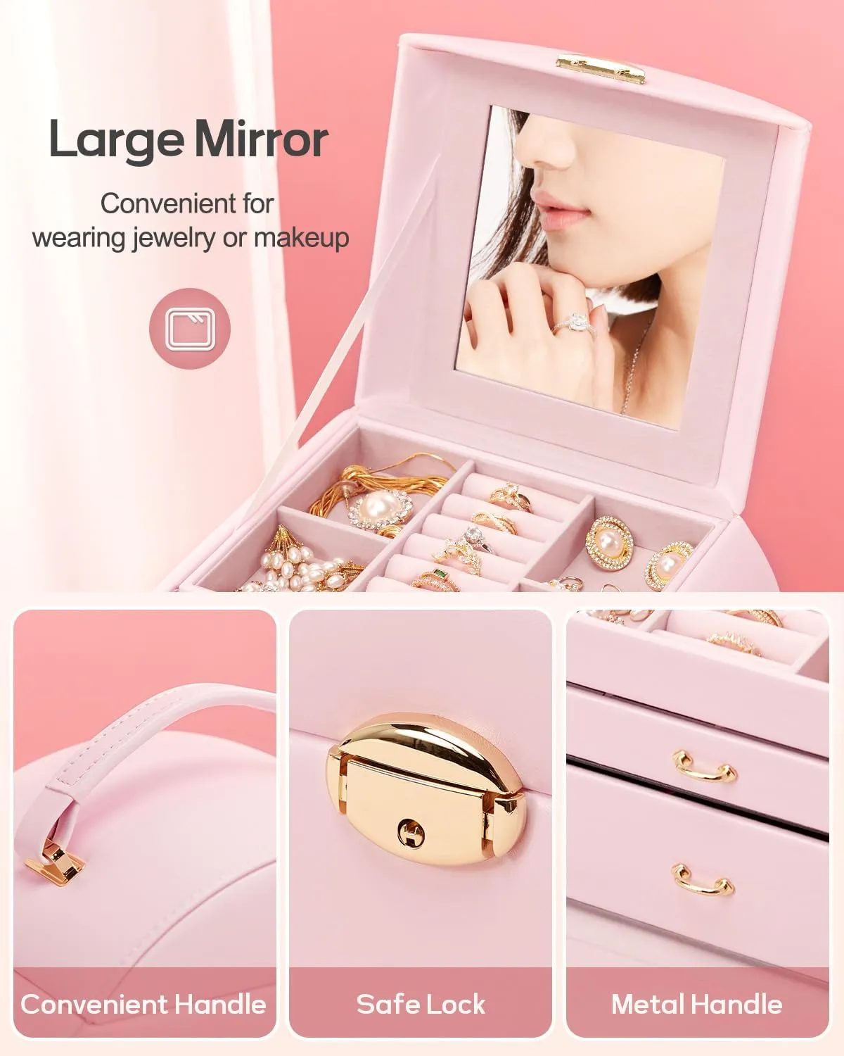 Homde Girls Jewelry Box Jewelry Storage Case Organizer with Mirror for Rings, Earrings, Bracelets, Necklaces (Light Pink   Gold)