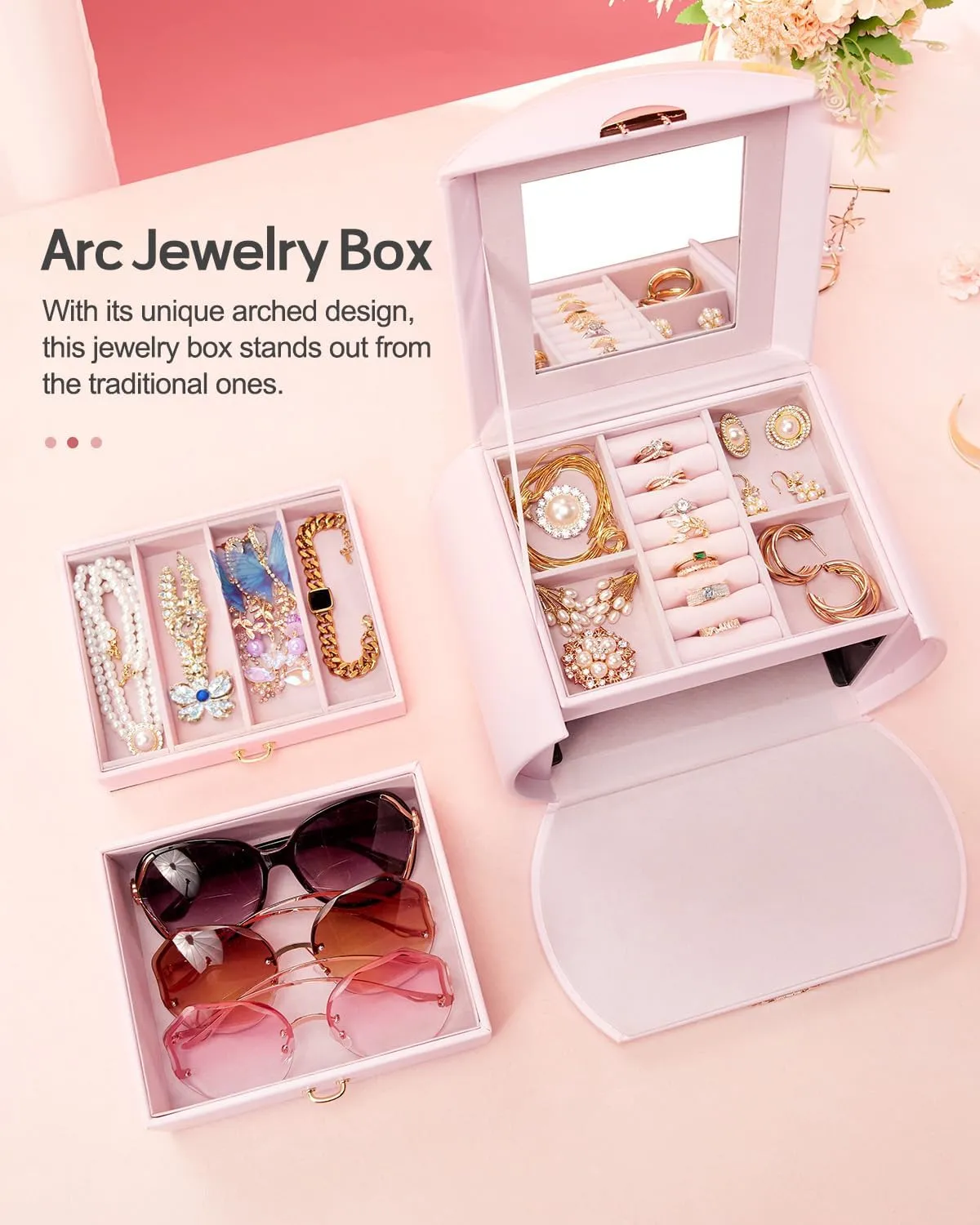 Homde Girls Jewelry Box Jewelry Storage Case Organizer with Mirror for Rings, Earrings, Bracelets, Necklaces (Light Pink   Gold)