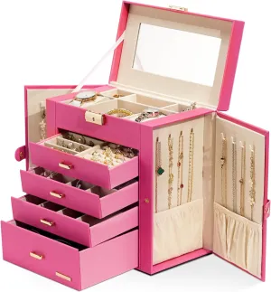 Homde Synthetic Leather Huge Jewelry Box Mirrored Watch Organizer Necklace Ring Earring Storage Lockable Gift Case (Pink   Gold)