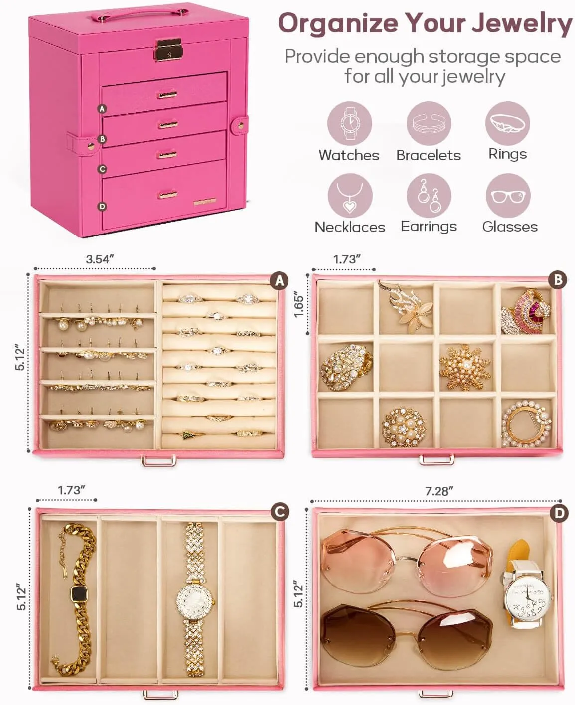 Homde Synthetic Leather Huge Jewelry Box Mirrored Watch Organizer Necklace Ring Earring Storage Lockable Gift Case (Pink   Gold)