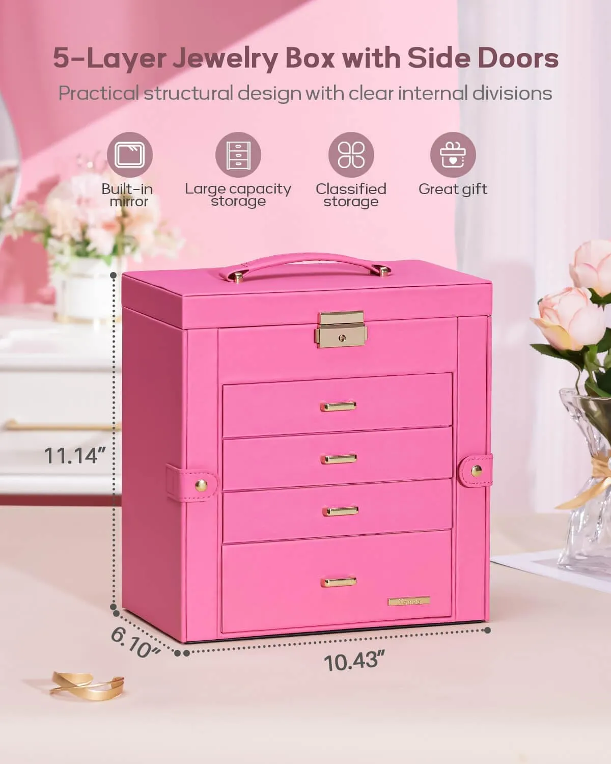 Homde Synthetic Leather Huge Jewelry Box Mirrored Watch Organizer Necklace Ring Earring Storage Lockable Gift Case (Pink   Gold)