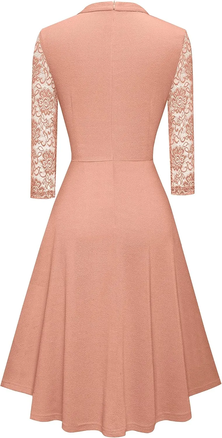 HOMEYEE Women's Round Neck Hollow Out Lace Patchwork Retro Party Dresses A234