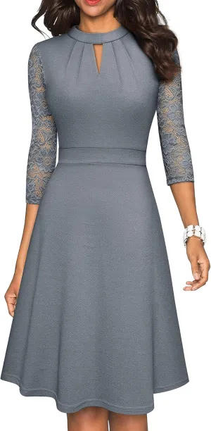 HOMEYEE Women's Round Neck Hollow Out Lace Patchwork Retro Party Dresses A234