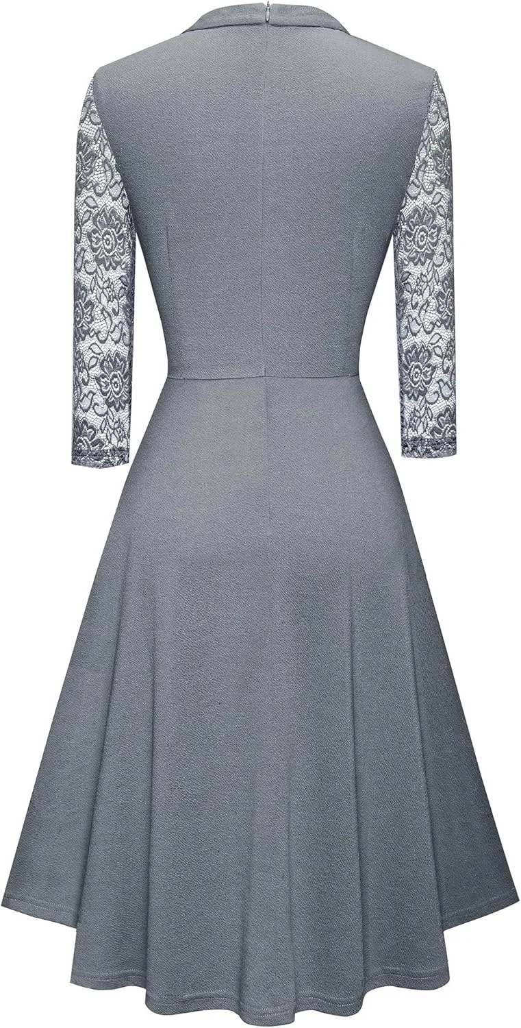 HOMEYEE Women's Round Neck Hollow Out Lace Patchwork Retro Party Dresses A234