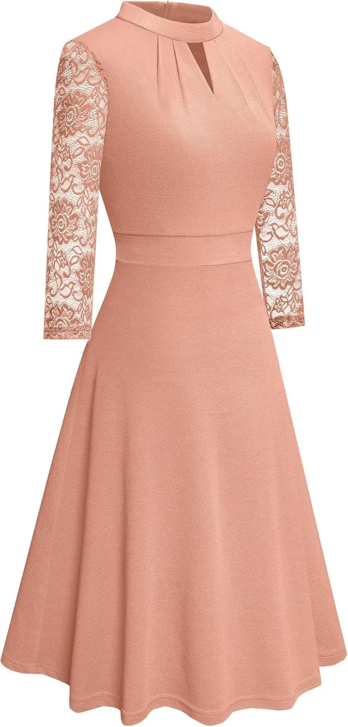 HOMEYEE Women's Round Neck Hollow Out Lace Patchwork Retro Party Dresses A234