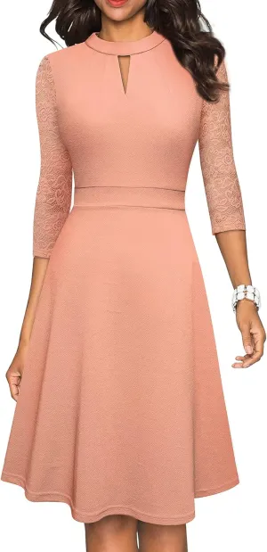 HOMEYEE Women's Round Neck Hollow Out Lace Patchwork Retro Party Dresses A234