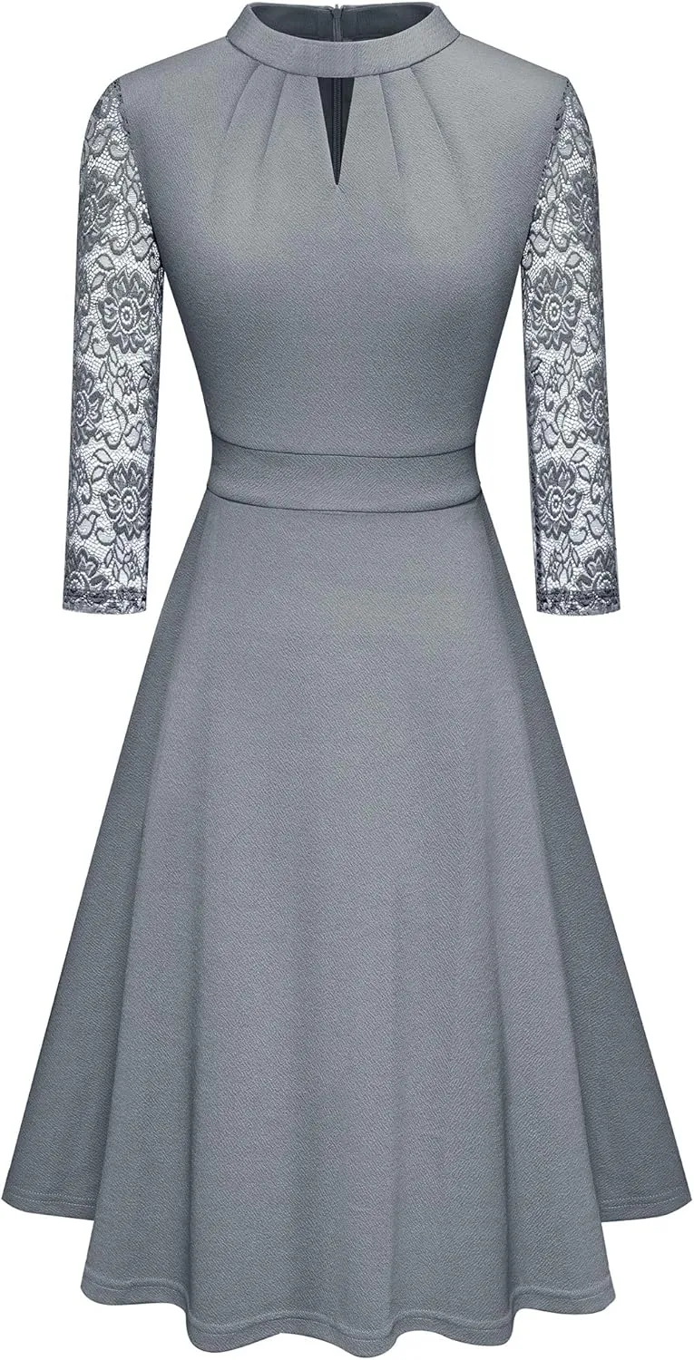 HOMEYEE Women's Round Neck Hollow Out Lace Patchwork Retro Party Dresses A234