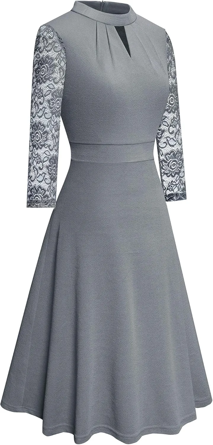 HOMEYEE Women's Round Neck Hollow Out Lace Patchwork Retro Party Dresses A234