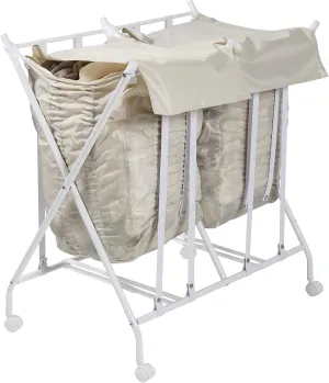 Honey-Can-Do Double Laundry Hamper, Folding Sorter on Wheels with Exandable, Accessible, Anti-Microbial Bags, Holds Up to 2 Loads of Laundry in Each Bag, Adaptive Living - White and Beige