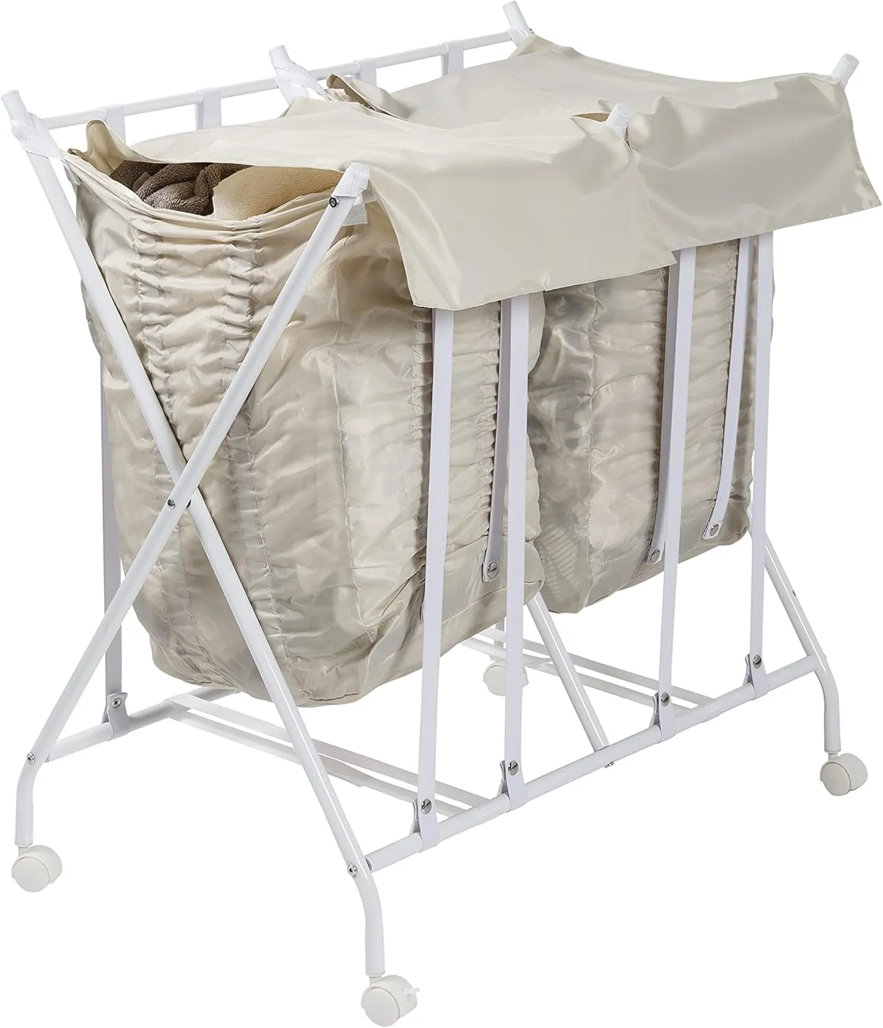 Honey-Can-Do Double Laundry Hamper, Folding Sorter on Wheels with Exandable, Accessible, Anti-Microbial Bags, Holds Up to 2 Loads of Laundry in Each Bag, Adaptive Living - White and Beige