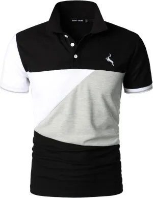 HOOD CREW Man’s Fashion Polo Shirts Short Sleeves Collared T Shirt Color Block Sports Golf Polos
