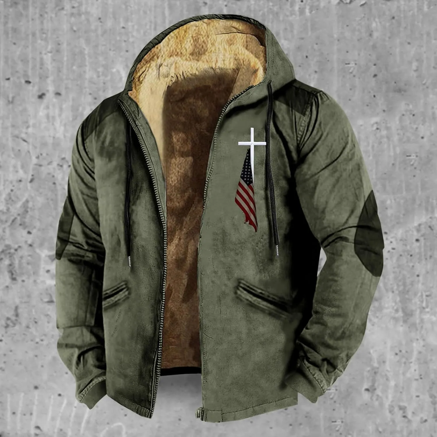 Hoodies for Men Fall Winter Jackets USA Flag Graphic Printed Big&Tall Plus Size Loose Sweatshirts with Elbow Patch