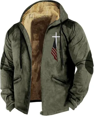 Hoodies for Men Fall Winter Jackets USA Flag Graphic Printed Big&Tall Plus Size Loose Sweatshirts with Elbow Patch