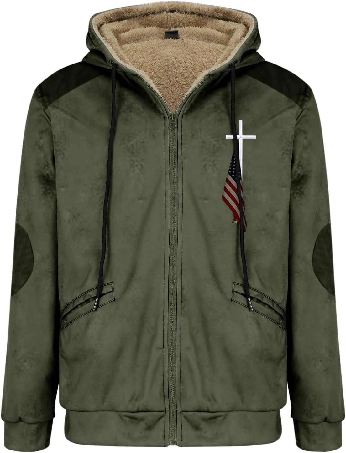 Hoodies for Men Fall Winter Jackets USA Flag Graphic Printed Big&Tall Plus Size Loose Sweatshirts with Elbow Patch