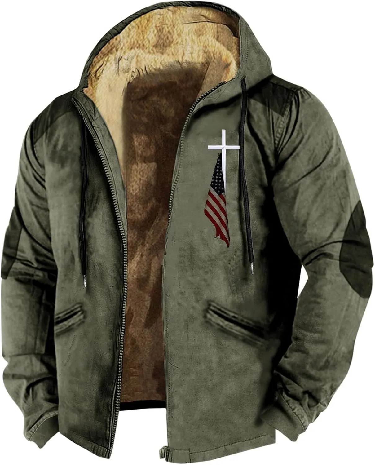 Hoodies for Men Fall Winter Jackets USA Flag Graphic Printed Big&Tall Plus Size Loose Sweatshirts with Elbow Patch