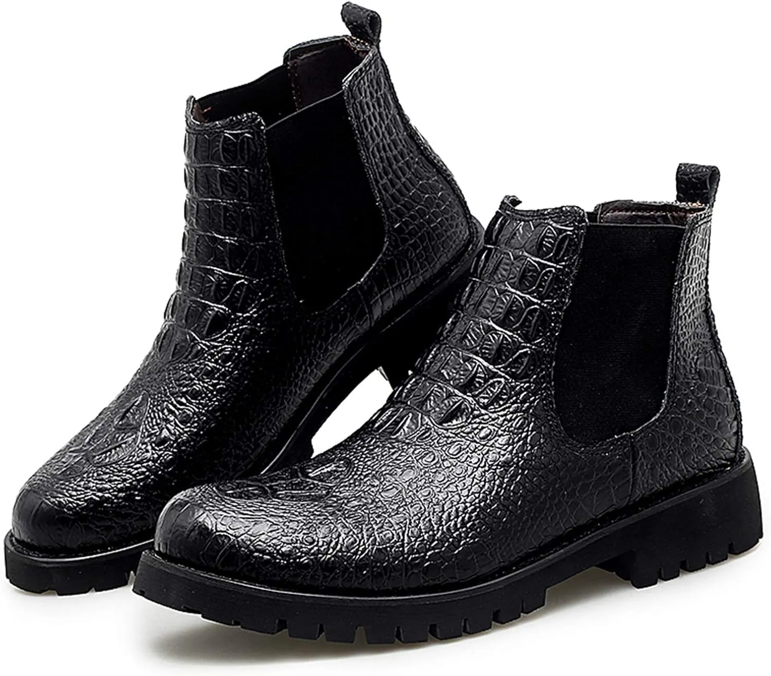 HOOENG Chelsea Boots for Men Round Toe Faux Crocodile Print Leather Waterproof Wearable On Non Slip Anti-Slip Classic Casual