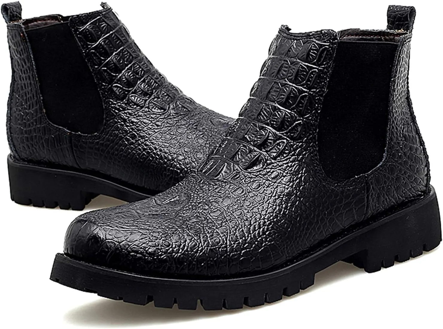 HOOENG Chelsea Boots for Men Round Toe Faux Crocodile Print Leather Waterproof Wearable On Non Slip Anti-Slip Classic Casual