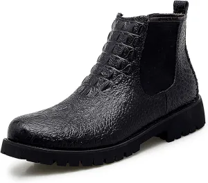 HOOENG Chelsea Boots for Men Round Toe Faux Crocodile Print Leather Waterproof Wearable On Non Slip Anti-Slip Classic Casual