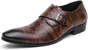 HOOENG Formal Shoes for Men Slip On Pointed Burnished Toe Faux Leather Crocodile Print Monk Strap Block Heel Slip Resistant Anti-Slip Outdoor(Color:Brown,Size:8.5)