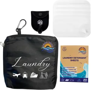 Hotel Essentials must haves Bathroom Sink Stopper, Laundry Bag Travel, Camping Clothesline and Laundry Detergent Sheets, 20 Sheets, Portable and Efficient, Great for Cruises and Camping