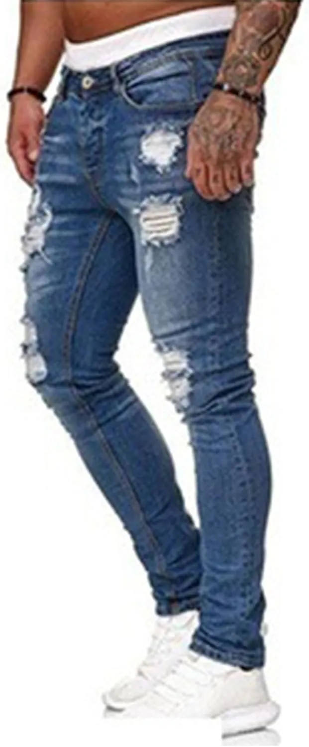 HUNGSON Men's Blue Slim Fit Jeans Stretch Destroyed Ripped Skinny Jeans Side Striped Denim Pants