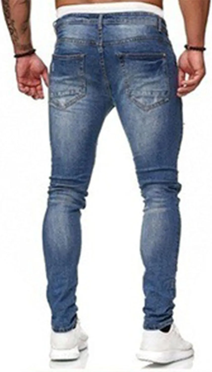 HUNGSON Men's Blue Slim Fit Jeans Stretch Destroyed Ripped Skinny Jeans Side Striped Denim Pants