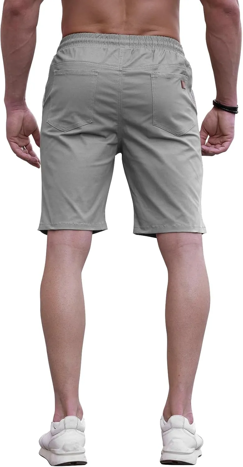 HUNGSON Mens Casual Shorts - Cotton Drawstring Summer Beach Stretch Twill Chino Golf Shorts