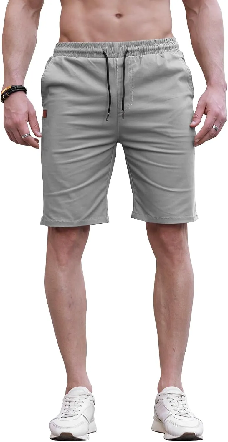 HUNGSON Mens Casual Shorts - Cotton Drawstring Summer Beach Stretch Twill Chino Golf Shorts