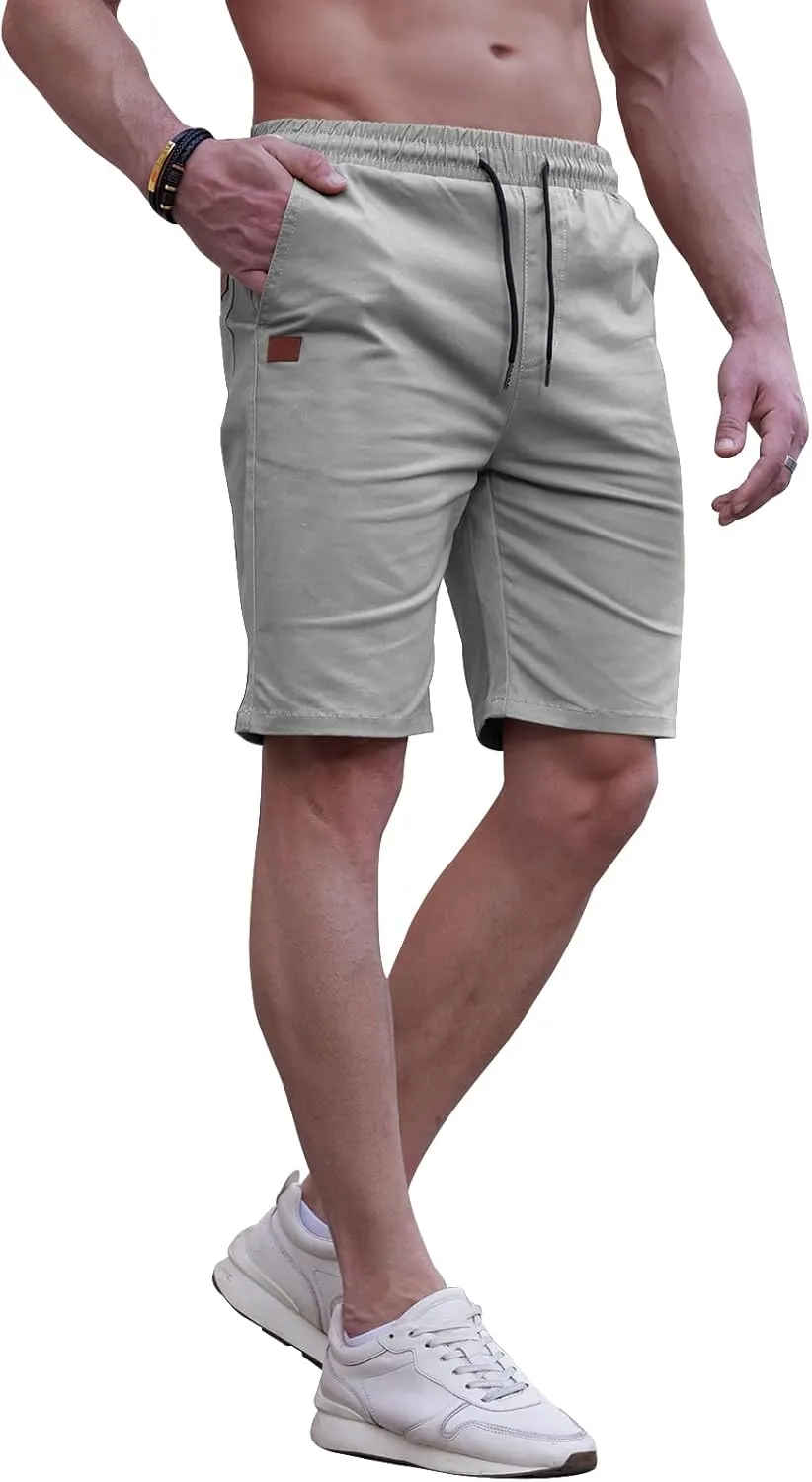 HUNGSON Mens Casual Shorts - Cotton Drawstring Summer Beach Stretch Twill Chino Golf Shorts