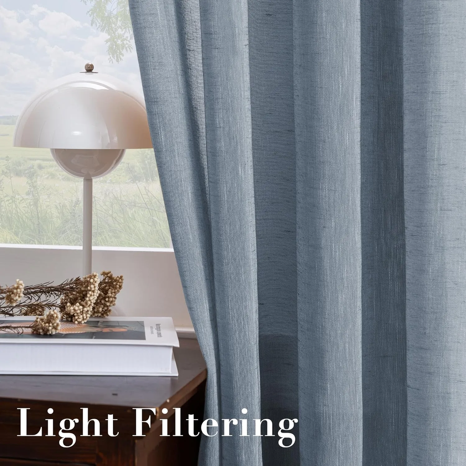 H.VERSAILTEX Linen Curtains Flax Linen Blended Curtain Panels for Living Room/Bedroom Semi Sheer Privacy Curtains 96 inch Length 2 Panels Set Nickel Grommet Window Drapes - Denim