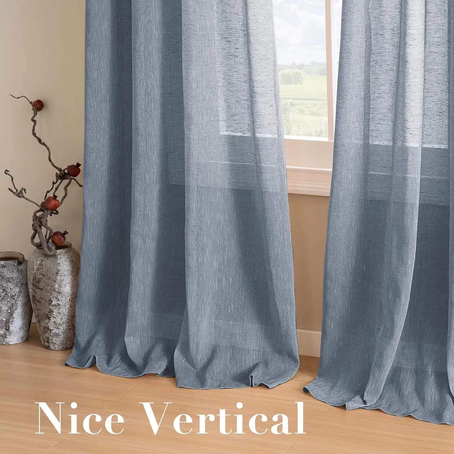 H.VERSAILTEX Linen Curtains Flax Linen Blended Curtain Panels for Living Room/Bedroom Semi Sheer Privacy Curtains 96 inch Length 2 Panels Set Nickel Grommet Window Drapes - Denim