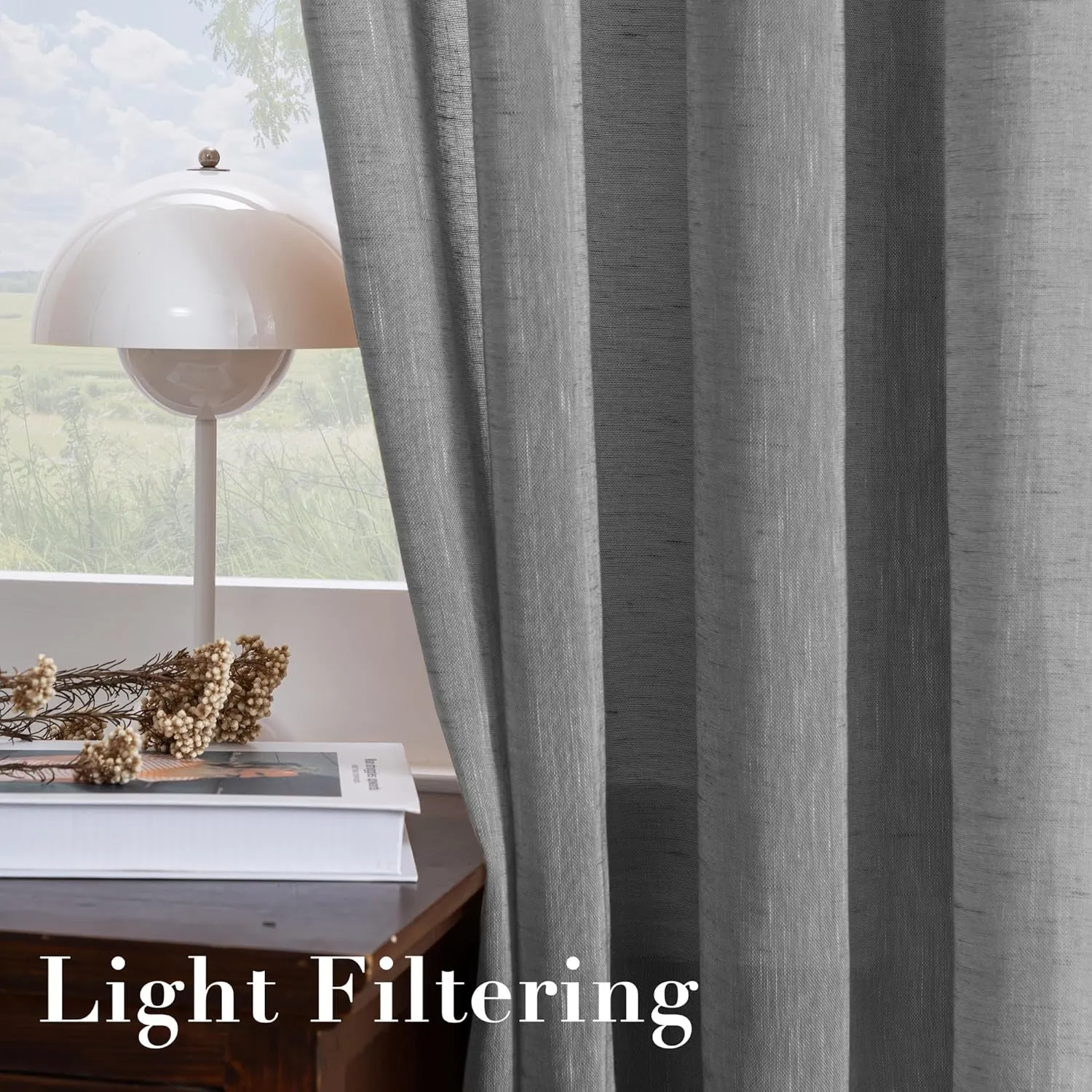 H.VERSAILTEX Natural Linen Blended Window Curtain Panels - Light Filtering Linen Semi Sheer Curtains Grey Nickel Grommet for Bedroom/Living Room (Set of 2, 52" W x 96" L - Charcoal Grey)