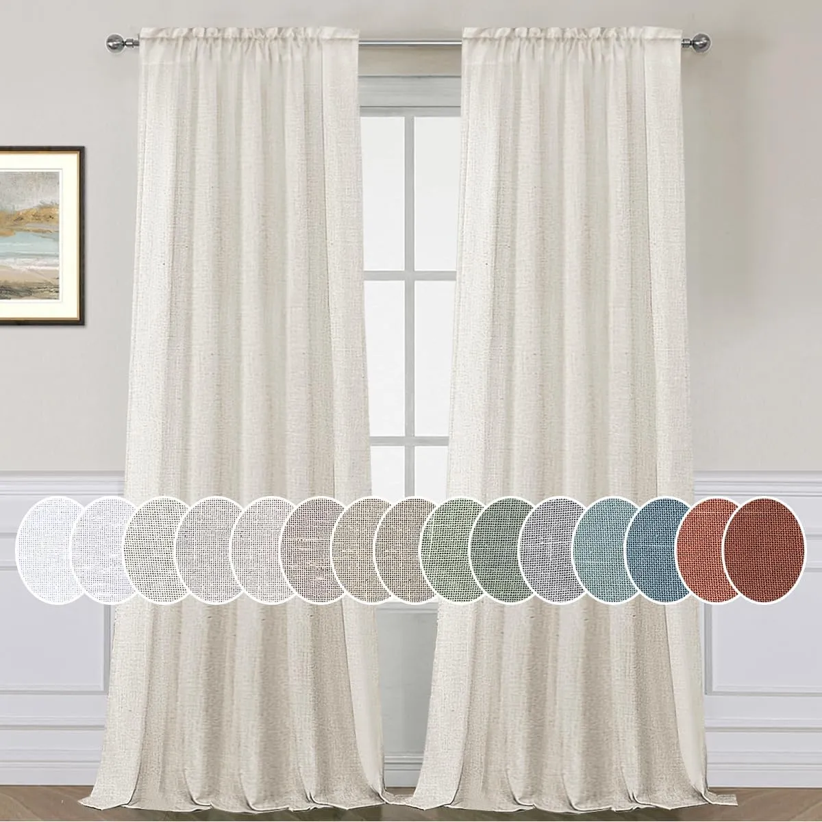 H.VERSAILTEX Natural Linen Rod Pocket Curtains 84 Inch Length for Living Room 2 Panel Pocket Drape Semi Sheer Neutral Country Rustic Farmhouse Boho Curtain Bedroom Light Filtering, Heathered Natural