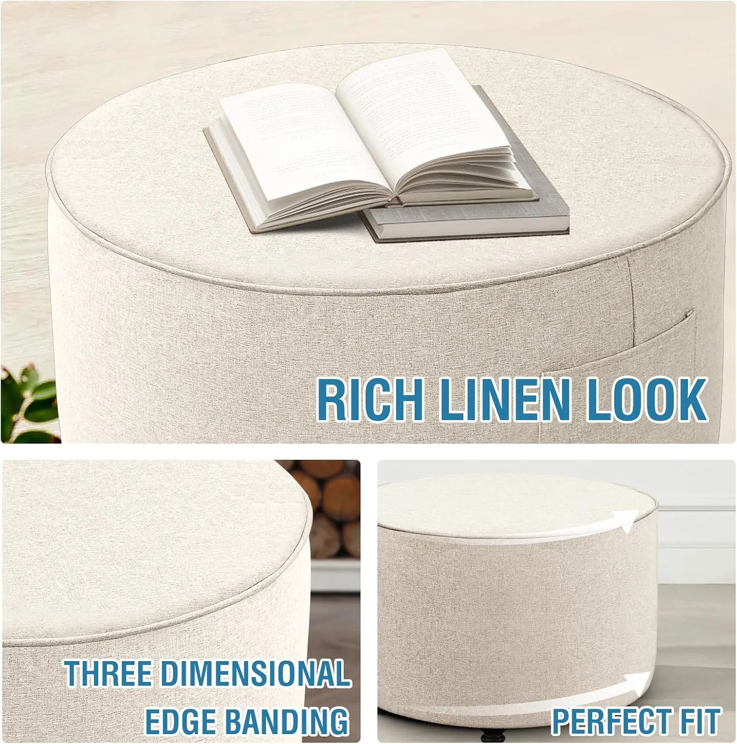 H.VERSAILTEX Ottoman Cover Round Thick Linen Look Ottoman Slipcover Round Ottoman Storage Cover Folding Stool Covers Furniture Protector Cover for Footrest Ottoman Fit Dia 36" - 38", Heather Ivory