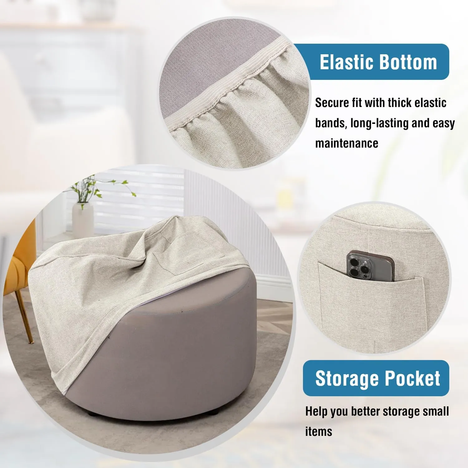 H.VERSAILTEX Ottoman Cover Round Thick Linen Look Ottoman Slipcover Round Ottoman Storage Cover Folding Stool Covers Furniture Protector Cover for Footrest Ottoman Fit Dia 36" - 38", Heather Ivory