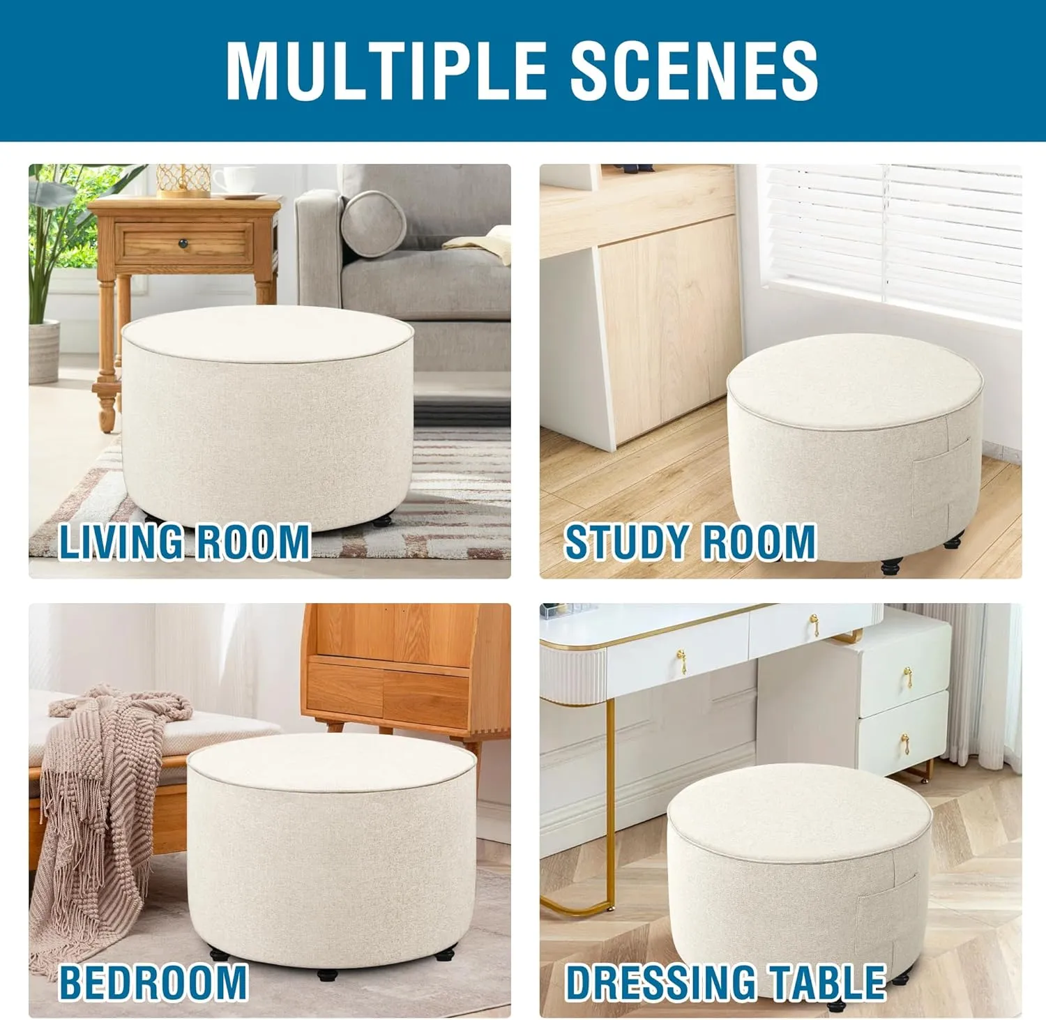 H.VERSAILTEX Ottoman Cover Round Thick Linen Look Ottoman Slipcover Round Ottoman Storage Cover Folding Stool Covers Furniture Protector Cover for Footrest Ottoman Fit Dia 36" - 38", Heather Ivory