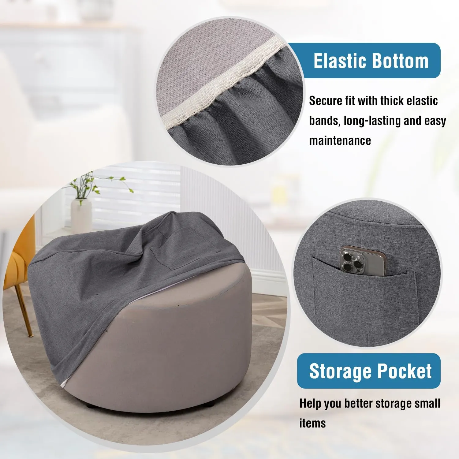 H.VERSAILTEX Round Ottoman Cover Thick Linen Look Ottoman Slipcover Round Ottoman Storage Cover Folding Stool Covers Furniture Protector Cover for Footrest Ottoman Fit Dia 36" - 38", Heather Grey