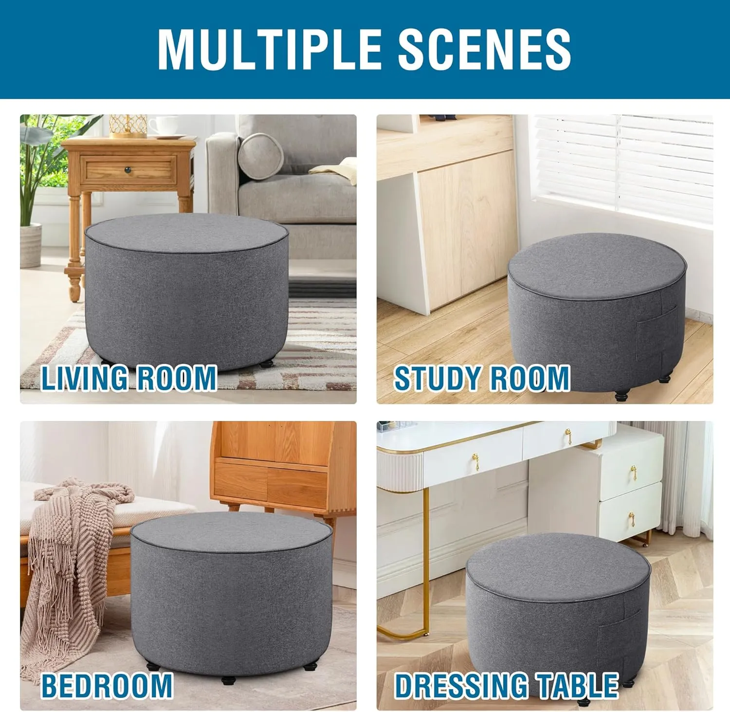 H.VERSAILTEX Round Ottoman Cover Thick Linen Look Ottoman Slipcover Round Ottoman Storage Cover Folding Stool Covers Furniture Protector Cover for Footrest Ottoman Fit Dia 36" - 38", Heather Grey