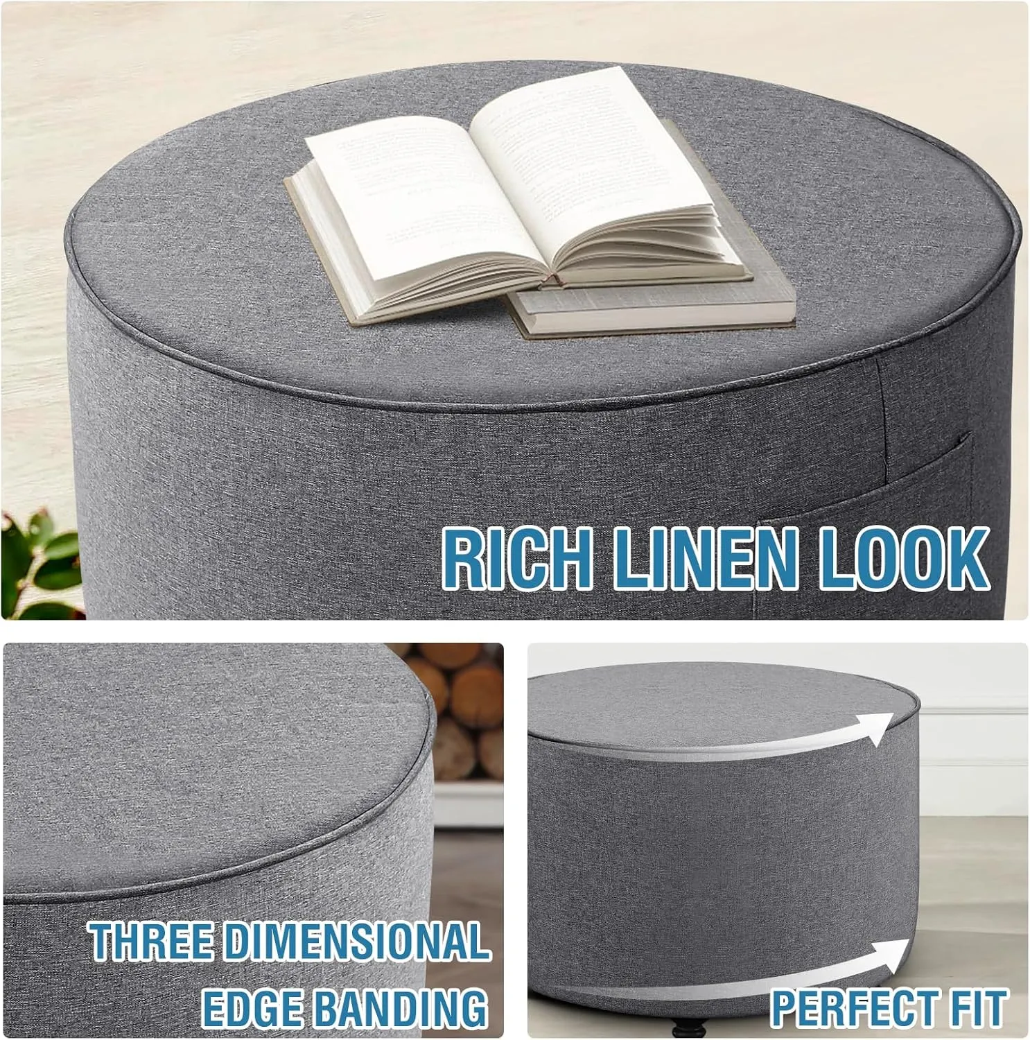 H.VERSAILTEX Round Ottoman Cover Thick Linen Look Ottoman Slipcover Round Ottoman Storage Cover Folding Stool Covers Furniture Protector Cover for Footrest Ottoman Fit Dia 36" - 38", Heather Grey