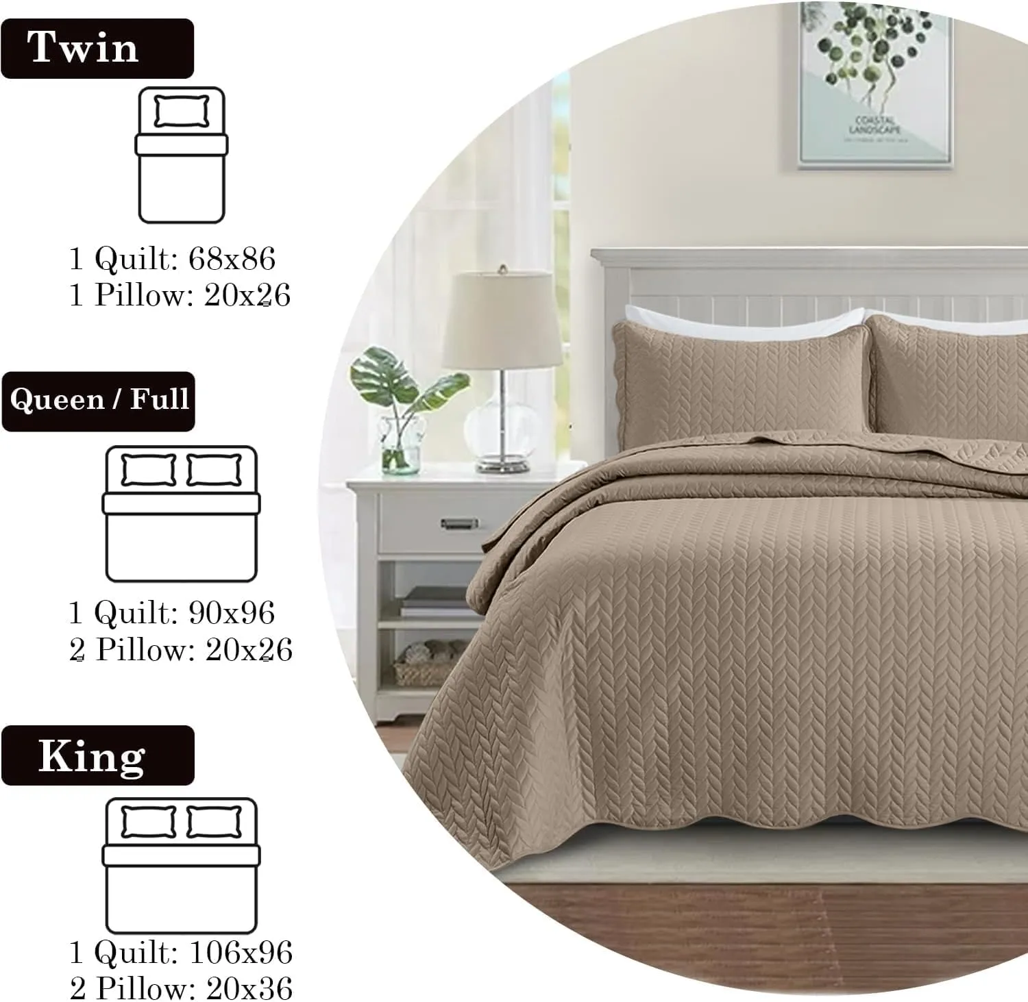 IR Imperial Rooms Twin Quilt Bedding Set Size (68” x 86”)   1 Pillow Shams (20” x 26”   2”) - 2 Pcs Summer Season Lightweight Reversible Microfiber Coverlet Embossed Quilt Bedspread (Beige)