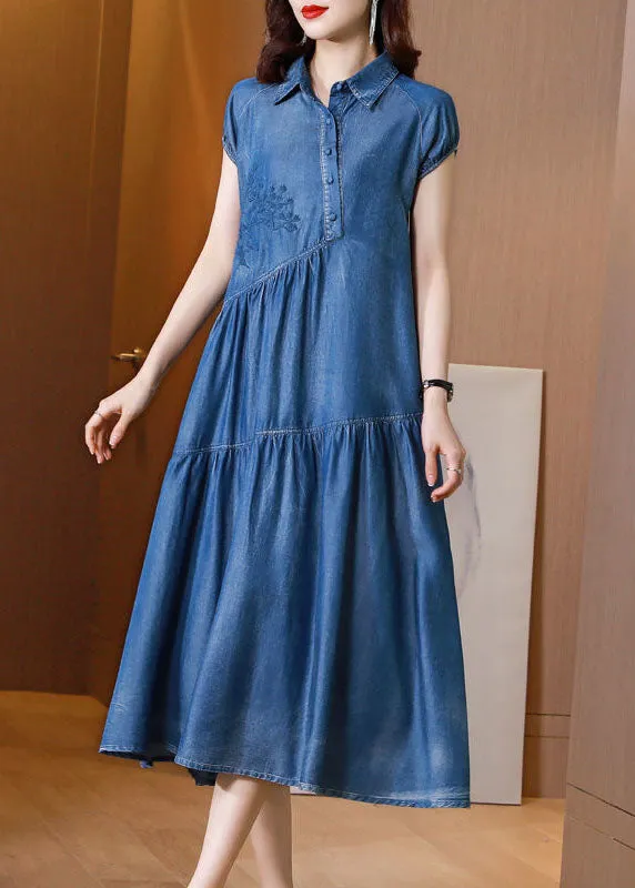 Italian Blue Embroideried Patchwork Exra Large Hem Denim Dress