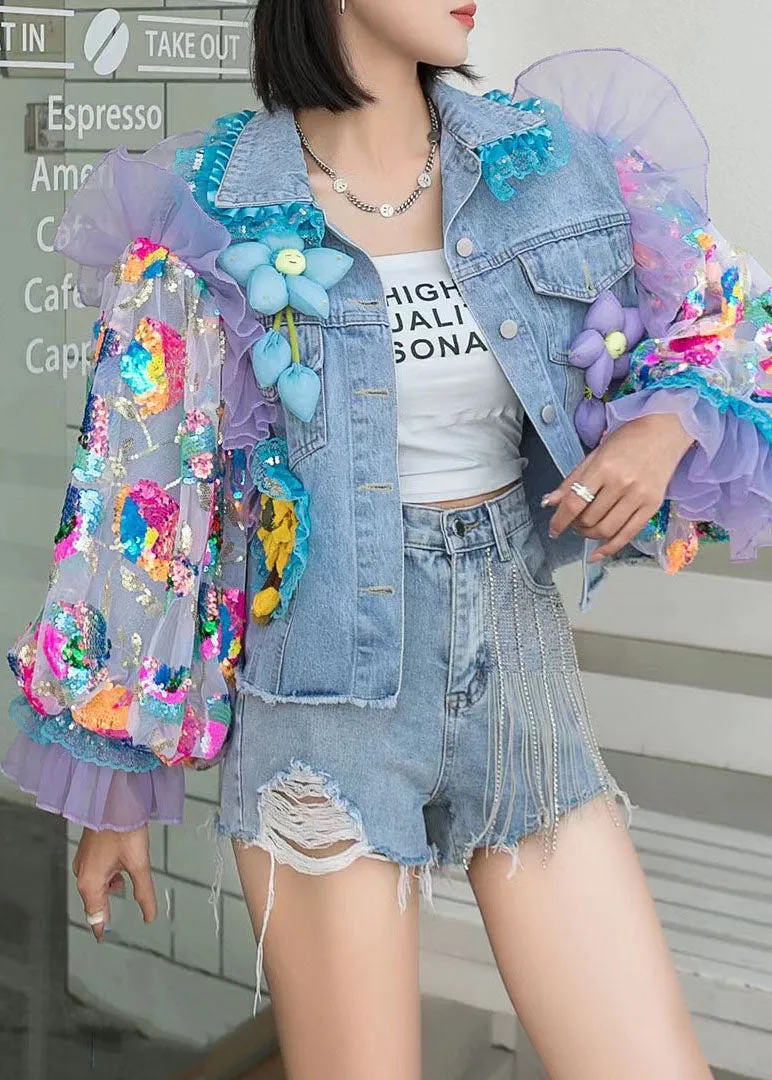 Italian Blue Tulle Ruffled Sequins Floral Decorated Patchwork Denim Coat