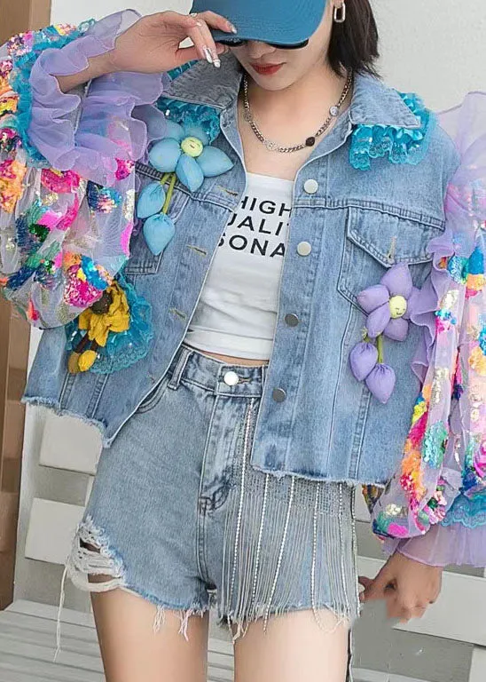 Italian Blue Tulle Ruffled Sequins Floral Decorated Patchwork Denim Coat