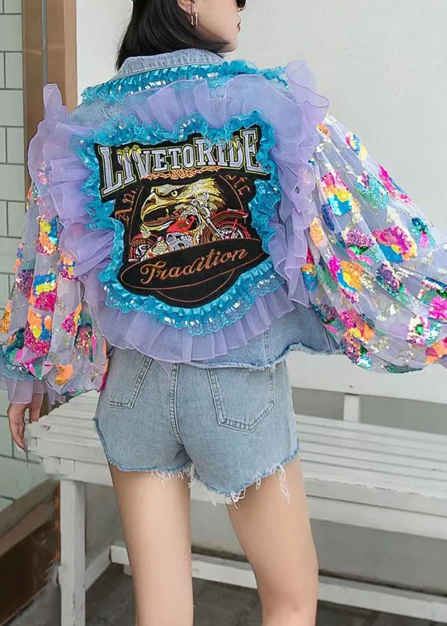 Italian Blue Tulle Ruffled Sequins Floral Decorated Patchwork Denim Coat